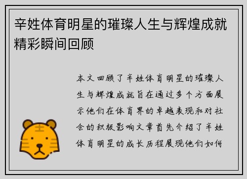 辛姓体育明星的璀璨人生与辉煌成就精彩瞬间回顾