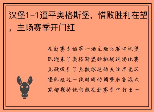 汉堡1-1逼平奥格斯堡，惜败胜利在望，主场赛季开门红
